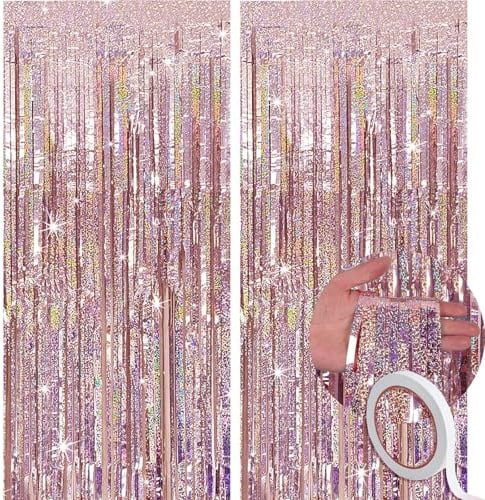 XINOUKJ Lametta Vorhang Roségold 2er-Set, Glitzer-Folienvorhang 1x2,5 m für Fotowand Hintergrund, Junggesellinnenabschied, 18. Geburtstag & Silvester Deko mit Klebeband