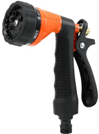 RESTMO Hose Pipe Spray Gun, Heavy Duty Metal Garden Hose Spray Gun | Hose Nozzle With Integrated Trigger Lock, 6 Spray Patterns, Rear Flow Control,for Lawn, Plants, Car Wash, Patio, Pets, Orange
