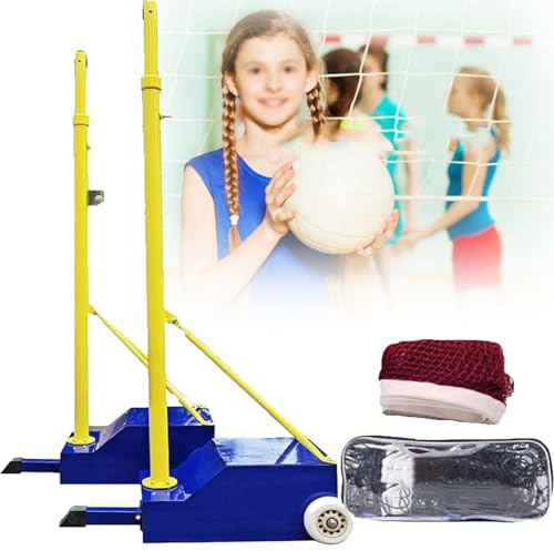 Volleyballpfosten mit Netz – langlebige höhenverstellbare Pfosten für drinnen und draußen (1,55–2,1 m) für Erwachsene und Kinder, inklusive beweglichen Rädern für einfachen Aufbau