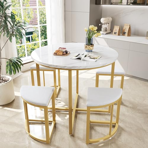 Muskel Dining room table set with four chairs, dining group with MDF tabletop and gold-plated iron frame, velvet chair, modern luxury tables and chairs, white