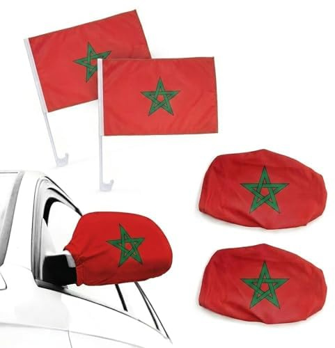 Auto Fahnen Marokko Set - 2 Autofahnen 30 x 45 cm & 2 Außenspiegelfahnen Überzieher, Fußball Fanartikel FZG für EM & WM, Marokkanische Flagge Fahrzeug Deko