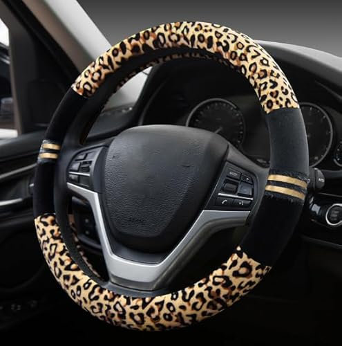 Weiche Leopard-Auto-warme Lenkradabdeckung Handbremsgriff-Gangschaltung-Plüsch für Frauen im Winter schwarz