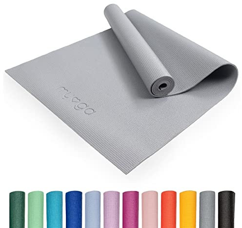 Myga Einsteiger-Yogamatte | Rutschfest & Leicht zu tragen – 4 mm Dicke | Ideal für Yoga, Pilates, Meditation & Fitnessübungen | 173 cm x 61 cm x 4mm | Grau
