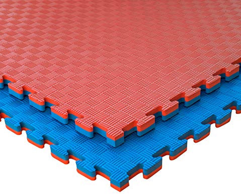 JOWY Tatami Puzzle pour Gymnase, Arts Martiaux, Judo, Karaté, Taekwondo, Yoga, Fitness et Zones d’Étirement | 1x1m | 2 cm d’épaisseur | Finition F | Couleur Rouge/Bleu (4 pièces)