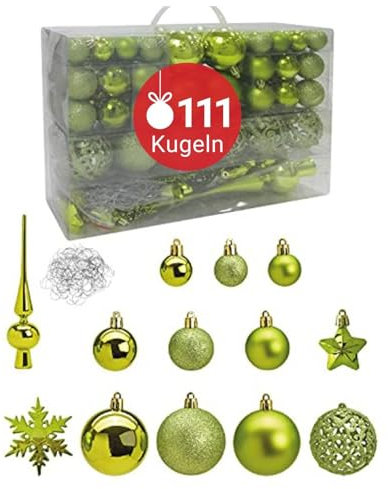 WOMA Christbaumkugeln Set Hellgrün & 19 weiteren Farben - 111er Weihnachtskugeln Set inkl. Metallhaken - Weihnachtskugeln Kunststoff - Weihnachtsbaum Deko & Christbaumschmuck