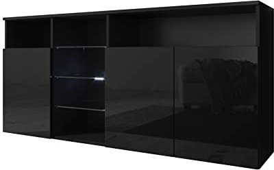 MB Muebles Bonitos, Buffet Clark avec Lumière LED et 3 Portes pour Salon et Salle à Manger, Meuble Moderne en Mélamine Brillante, Couleur Noir, 150x72x35 cm