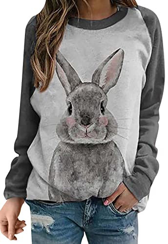 Yming Frauen Lässige Langarm Sweatshirts Freizeit Sweatshirt Osterhase Bluse Graue Hase L
