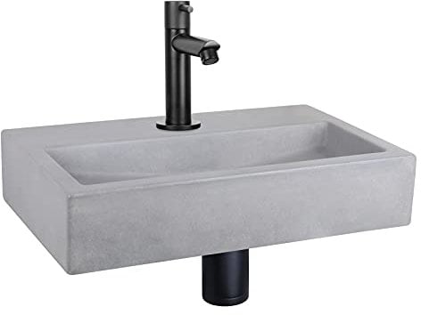 Differnz Flat Waschbecken - Waschtisch Hellgrau Beton - Gerade Armatur Matt Schwarz - Komplettset - 38 x 24 x 8 cm