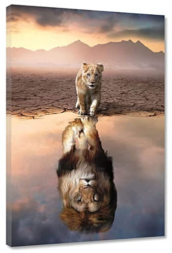 Hustling Sharks® Tierbilder auf Leinwand als XXL Wandbild Lion Reflection - Löwe im Hochformat (100x150cm), Löwenbild, Tierbild, Bilder Deko Wohnzimmer