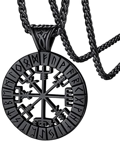 FaithHeart Schwarz Viking Kompass Anhänger Wikinger Vegvisir Halskette mit Rune Symbol Nordischer Amulett für Freund Ehemann