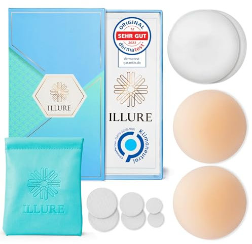 ILLURE® Pezoneras Adhesivas Invisibles (1 par) Pezoneras Silicona Hipoalergénico para Mujer con protector piel sensible - Cubre pezones reutilizables y invisibles - Tapa Pezones Adhesivos Silicona 8cm