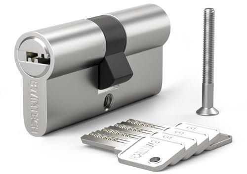 Bwintech 1 pièce Cylindre laiton Euro 30/40mm, serrure cylindre clé/clé 70mm avec 5 clés laiton horizontales, anti-crochetage, anti-perçage, anti-claquement, anti-choc, finition nickel satiné