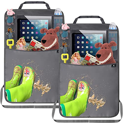 Termichy Rückenlehnenschutz Auto kinder,Auto Organizer,Organizer Auto Rücksitz kinder, Wasserdichtes Plane Kick-Matten-Schutz für Autositz zurück mit große Aufbewahrungstasche (2 Stück,Grau)