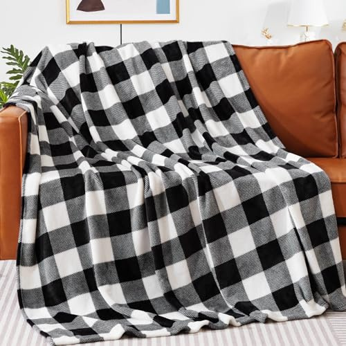Touchat Fleece-Überwurfdecken, schwarz und weiß, Büffelkariert, Überwurfdecke für Couch, Sofa, Bett, weiche, warme, flauschige, gemütliche Plüschdecke, leichte Bauernhaus-Dekoration, 127 x 152,4 cm