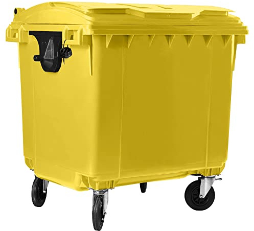 Hardwex Müllcontainer mit 4 Rädern mit Flachdeckel, Müllgroßbehälter, Abfalltonne, Mülltonne, Volumen: 1 100 Liter, Farbe: Gelb, Größe: 1 344 x 1 370 x 1 070 mm