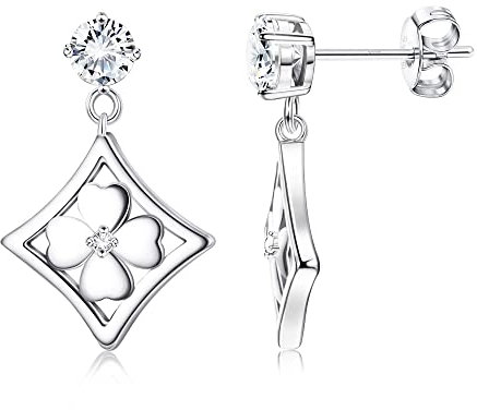 Sllaiss Klee Ohrringe 925 Sterling Silber Ohrstecker für Frauen 4MM Zirkonia Ohrstecker Knorpel Ohrringe Drop Baumeln Ohrringe Weißgold
