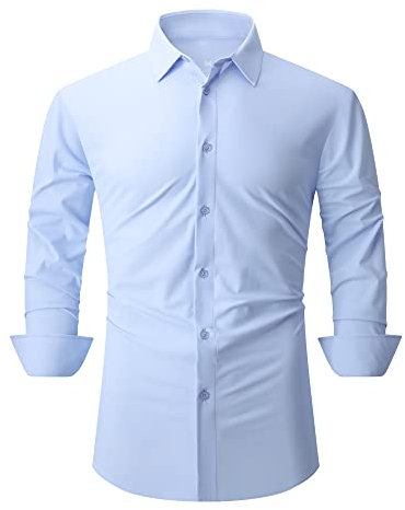 SAMERM Mens Dress Shirt Wrinkle Free Moisture Wicking Athletic Fit 4-Way Stretch Casual Button Down Shirts, Blue Long Sleeve Shirt, S