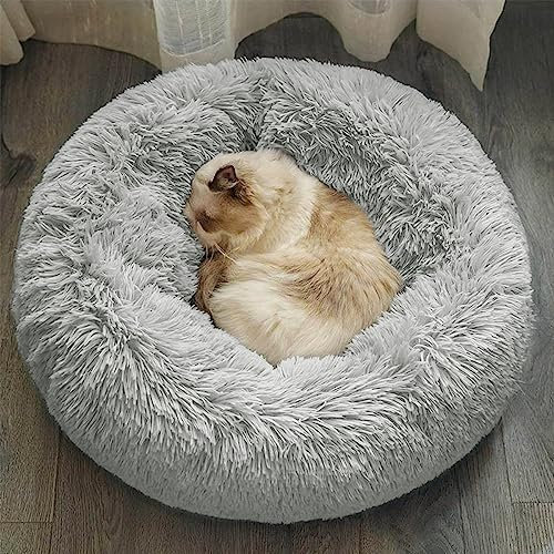 Katzenbett Hundebett 50cm , Kuscheliges und Weiches Flausching Hundebett und Katzenbett,Kompressionswiderstand und Waschbar Donut Haustierbett, für Kleine Bis Mittelgro ß e Hunde und Katzen(Hellgrau)