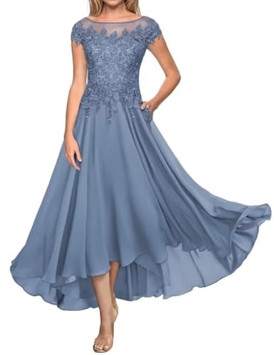 Sincemeet Teelänge Mutter der Braut Kleid Spitze Lang Formal Abendkleid Chiffon Hochzeit Gastkleider für Kurzarm