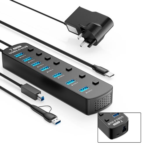 USB Hub Powered 7 Port USB 3.0 Data USB Extension Splitter with Individual On/Off Switch Universal AC to DC 5V Power Adapter