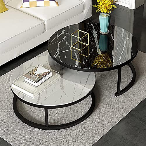 Table Basse Ronde Moderne, Table gigogne en Verre trempé et métal, Table d'appoint, Lot de 2, Table de canapé, Table Centrale de Salon (Couleur : Cadre Noir, Taille : 81,3 cm + 61 cm)
