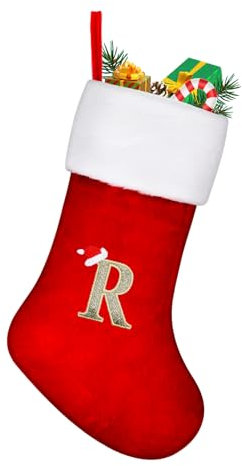 TOPWAYS Weihnachtsstrumpf Personalisiert Großes 45 cm,Weihnachtsbäume Nikolausstrumpf, Strümpfe mit Buchstaben roter Kamin, hängende Weihnachtsmann-Socken für Weihnachtsbaum und Heim (R)