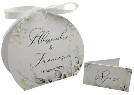 PV Grafik® Scatoline portaconfetti matrimonio personalizzate – 24+24 bomboniere floreali con nastro e bigliettini – stampa nomi data frase – per nozze eleganti, promessa o anniversario (M11)