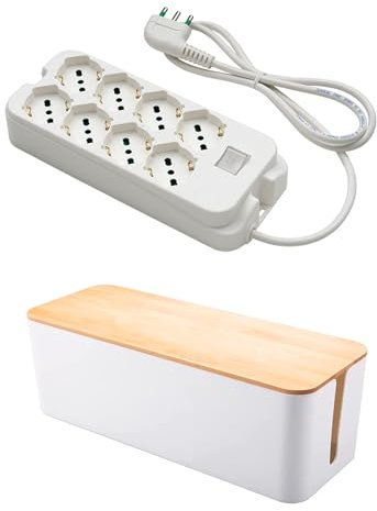FANTON 48440S-B Steckdosenset + Aufbewahrungsbox Organizer – Mehrfachsteckdose 4 + 4 Schuko-Steckdosen 16 A – Kabel 1,5 m – Italienischer Stecker – zweipoliger Lichtschalter