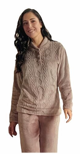 NOTTINGHAM Pigiama Donna Invernale Coral Fleece, Pigiama Donna Pile Effetto Coral Fleece, Pigiama Donna Caldo Molto Morbido (42250 Tortora, XXL)