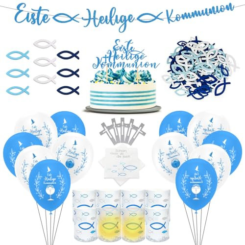Kommunion Deko, Kommunion Taufe Erstkommunion Deko Tischdeko Windlicht Fisch + Servietten + Holz Fische Deko + Luftballons + Band, für Taufe Konfirmation