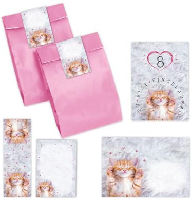 12 Einladungskarten zum 8. Kindergeburtstag Mädchen Katze Einladungen zum achten Mädchengeburtstag incl. 12 Umschläge, 12 Partytüten/rosa, 12 Aufkleber, 12 Lesezeichen, 12 Mini-Notizblöcke