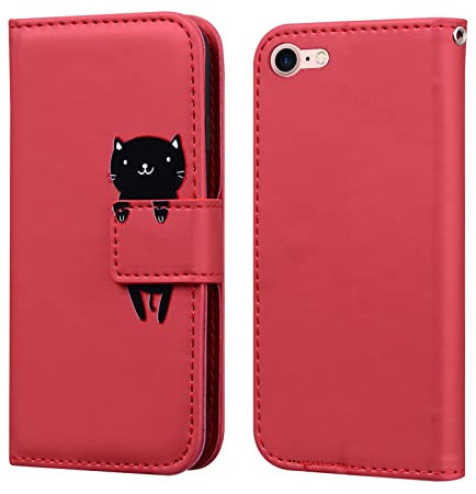 Butnyeoe Handyhülle für iPhone 8 Klappbar,iPhone 7 Klapphülle,iPhone SE 2020 Hülle Klappbar,iPhone SE 2022 Schutzhülle Tasche mit Kartenfach,Rot+Katze
