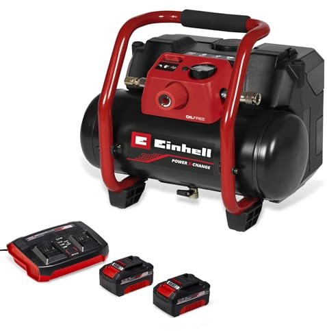 Einhell Akku-Kompressor TE-AC 36/150 Li OF Power X-Change (36 V, max. 8 bar, 6 l Tank, 150 l/min Ansaugleistung, Manometer, ölfrei, inkl. 2x 4,0 Ah Akkus, Twincharger)