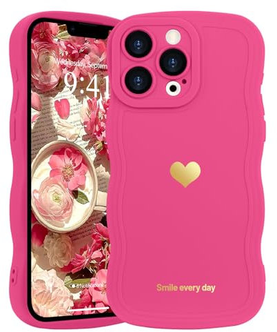 LAPOPNUT for iPhone 13 Pro Max Case,Cute Curly Wave Frame Love Heart Phone Case for Girls Women,Soft Silicone TPU Bumper Shockproof Camera Protective Cover for iPhone 13 Pro Max 6.7 inch,Hot Pink