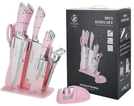 Ever Rich ® Stainless Steel Kitchen Knife Block Set, Knife Set, Ultra Sharp Knife Set (Pink STYL 13)