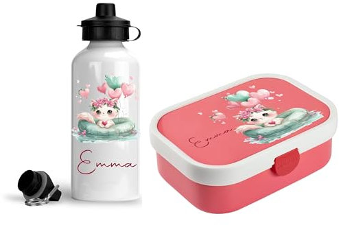 wolga-kreativ Personalisiertes Set Mepal Campus Vesperdose und Trinkflasche Kinder Baby Katze für Mädchen Brotdose mit Fächern und Unterteilung als Geschenk Schule und Kindergarten