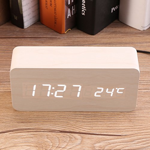 Riuulity Wecker – Elektronischer Digitaler Holz-LED-USB-Wecker, Geräusche, Kontrolle der Temperatur, Desktop-Dekoration (weißes Holz + weißes Licht)