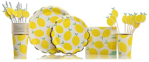 Hoshisea 61 Pièces Décorations Fête Citron - Assiette Carton, Gobelet, Serviette, Bannière - Pour Thème Activité, Anniversaire Garçon, Décorer