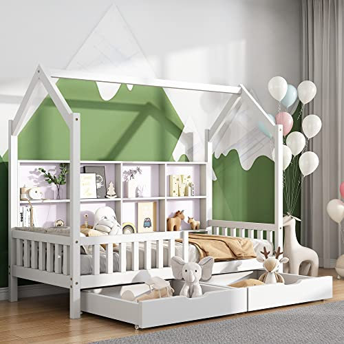Kinderbett 90x200 mit Mehrzweck Bücherregal und 2 Schubladen, Kiefernholz Kinder Bett mit Rausfallschutz und Lattenrost, Hausbett für Jungen Mädchen, Kinder Haus Bett Jugendbett, ohne Matratze, Weiß