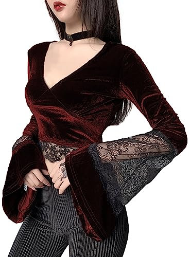 XKBHYD Women Gothic Velvet Crop Tops V Neck Grunge Punk Shirts Harajuku Lace Long Sleeve T Shirts Y2K Emo Alt Clothes Red