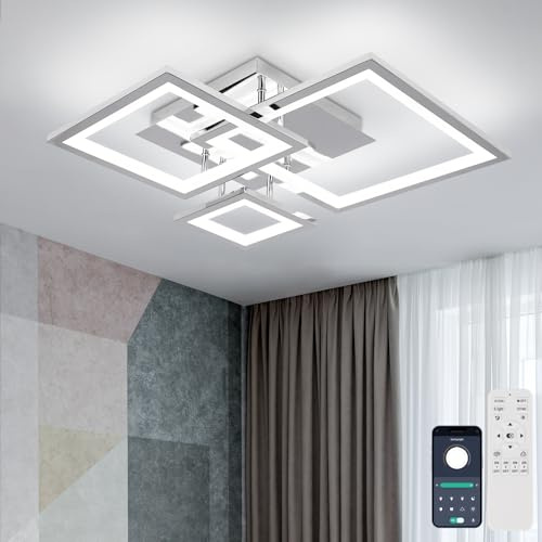 EIDISUNY LED Deckenleuchte Dimmbar, 35W 50cm Deckenlampe Silber Modern Wohnzimmerlampe mit Fernbedienung, 3000K-6500K, 3-Quadratisch Schlafzimmerlampe Led Deckenbeleuchtung für Büro Küche esszimmer.
