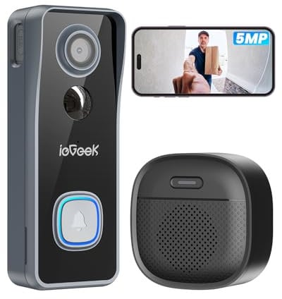 ieGeek 5MP Doorbell Camera Wireless No Subscription- Video Doorbell Wireless with Chime, Doorbell with Camera, Voice Changer, 2-Way Audio, PIR Motion Detection, 2.4Ghz WiFi, Compatible with Alexa