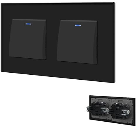 BSEED Interrupteur Verre 1 Gang 1 Voie + 1 Gang 1 Voie, Interrupteur à Bouton-Poussoir Encastré avec Témoin Lumineux LED, Interrupteur Mural pour Salon, Bureau, Cuisine-Noir
