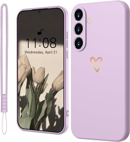 Mitetabo für Samsung Galaxy S24 FE Hülle Silikon mit Gold Liebesherz,Handyhülle Samsung S24 FE 5G Dünn Gold Love Schutzhülle Slim Kratzfeste Rundumschutz Case für Samsung S24 FE Lila