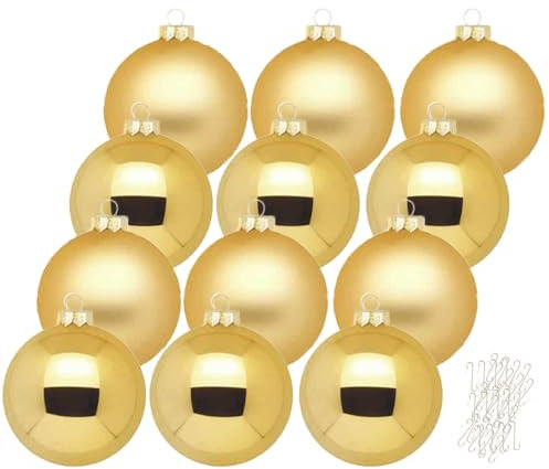 Inge Glas große Weihnachtskugeln mit Haken | Christbaumkugeln aus Glas | Set 12 Kugeln 8cm groß und 40 Aufhänger | Christbaumschmuck Weihnachtsbaumkugeln (Inkagold)