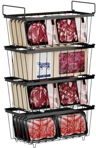 Lot de 4 Paniers de Congélateur Coffre, MéTal Rangement Congelateur Empilable Panier Congelateur Avec PoignéEs Et Fond AntidéRapant Noiradapté Pour RéFrigéRateur Armoire Cuisine