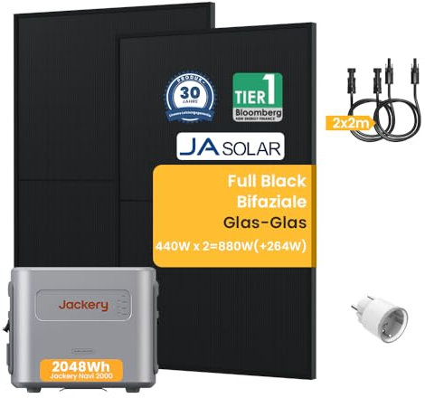Balkonkraftwerk mit Speicher 2048Wh, Navi 2000 Speicher mit JaSolar 880W(+264W) Full Black Bifaziale Solarmodule für Balkonkraftwerk