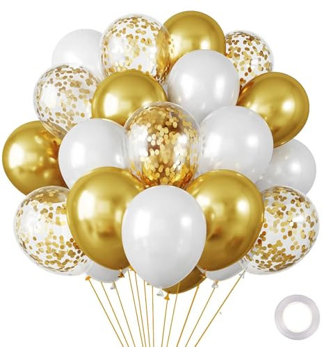 Luftballons Gold Weiß,10 Stk 12 Zoll Metallic Goldene Luftballons Geburtstag,Weiß Gold Konfetti Luftballons,Gold Ballons für Geburtstag, Jubiläum, Graduierung, Neujahr, Karneval, Goldene Hochzeit Deko