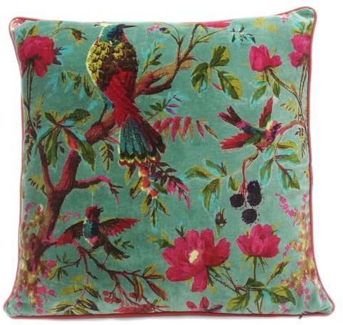Eyes of India Kissenbezug aus Samt, Blumenmuster, Vogel, für Sofa, Couch, bunt, Boho-Chic, Bohemian-Akzent, indisch, handgefertigt