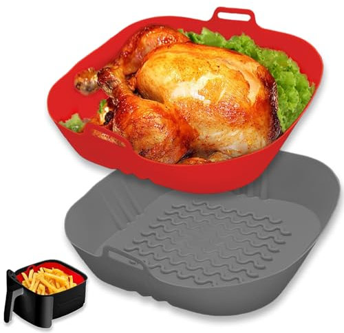 Echehi 2 Pezzi Teglia Silicone Friggitrice ad Aria, Teglia per Friggitrice ad Aria da 20,5 cm Riutilizzabile. Accessori Friggitrice ad Aria COSORI, Ninja, Tower. Rosso Grigio